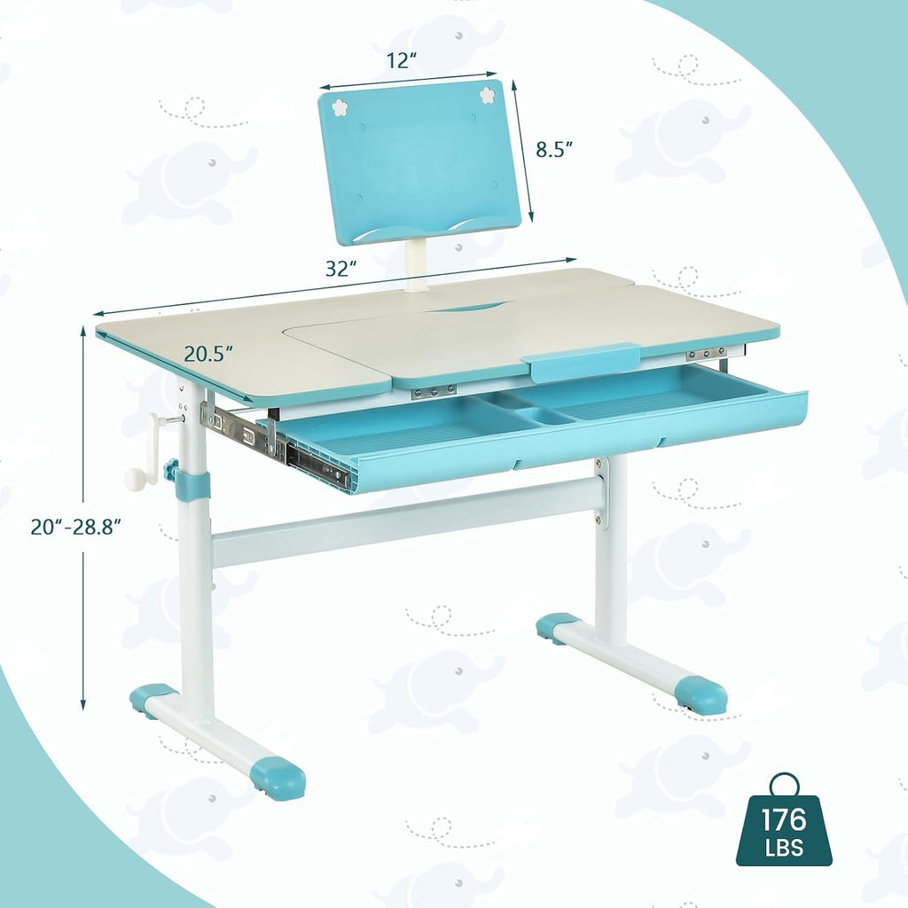 Costzon Kids Desk, Ergonomic Height-Adjustable Children Study Table w/Tiltable Desktop & Book Stand, Pull-Out Storage Drawer & Scale Ruler, Student Workstation for Writing, Drawing, Reading (Blue)