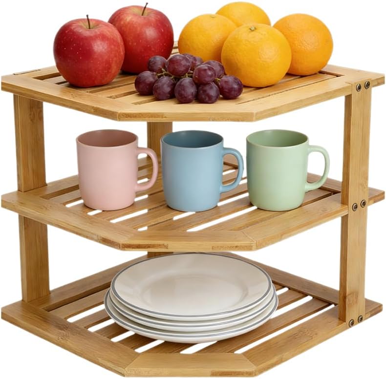 AKAZA 3-Tier Corner Shelf Counter and Cabinet Organizer - Steel Metal Wire - Rust Resistant (Bamboo)