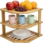 AKAZA 3-Tier Corner Shelf Counter and Cabinet Organizer - Steel Metal Wire - Rust Resistant (Bamboo)
