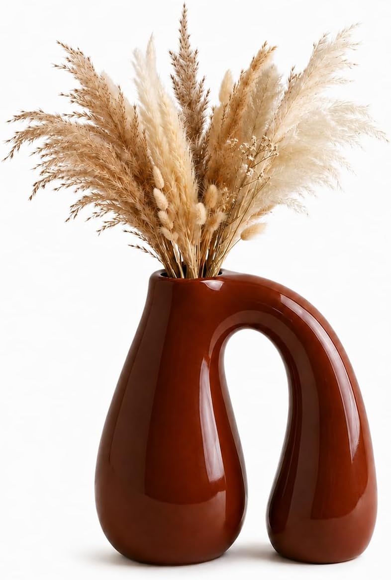 Brown Ceramic Vase for Pampas, Boho Shelf & Table Decor | Holds Dried Stems and Faux Florals - Sculptural Accent for Mantel, Console and Entryway