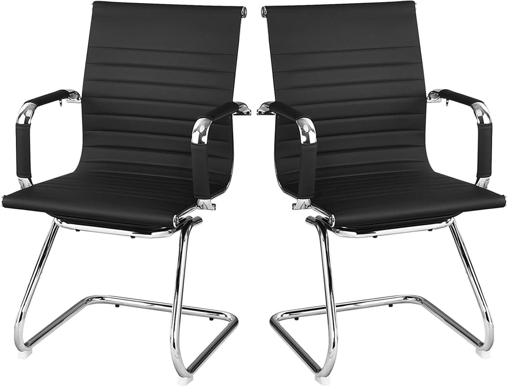 POWERSTONE Office Reception Guest Chair Set of 2 - Office Conference Desk Chair with No Wheels, Ergonomic Mid Back PU Leather Metal Base with Arms for Home Conference Meeting Waiting Room Lobby