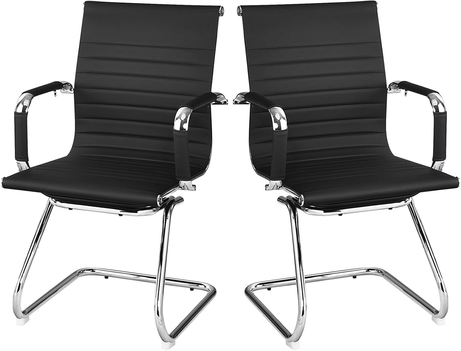 POWERSTONE Office Reception Guest Chair Set of 2 - Office Conference Desk Chair with No Wheels, Ergonomic Mid Back PU Leather Metal Base with Arms for Home Conference Meeting Waiting Room Lobby