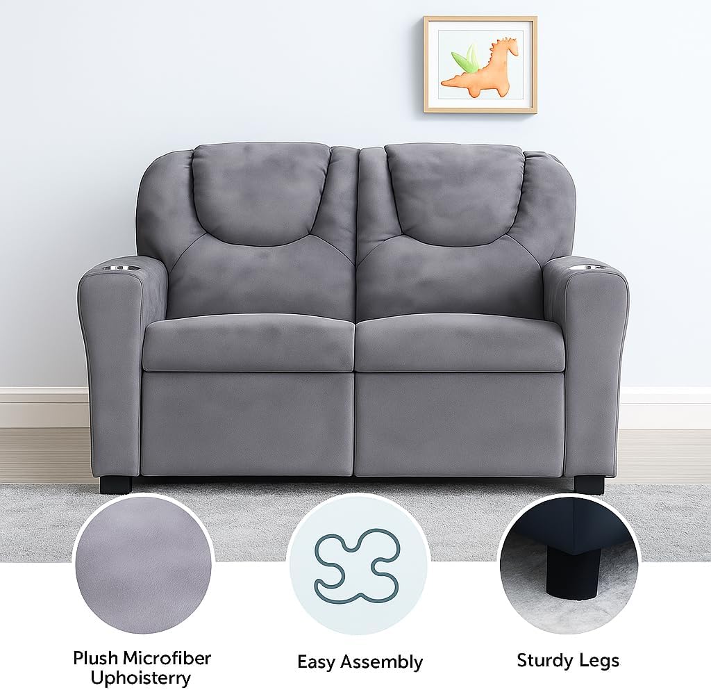 Naomi Home Suri Kids Recliner Loveseat – Comfortable 2-Seater Kids Recliner with Dual Cup Holders, Footrests, Soft Microfiber, Stable Frame, Assembly