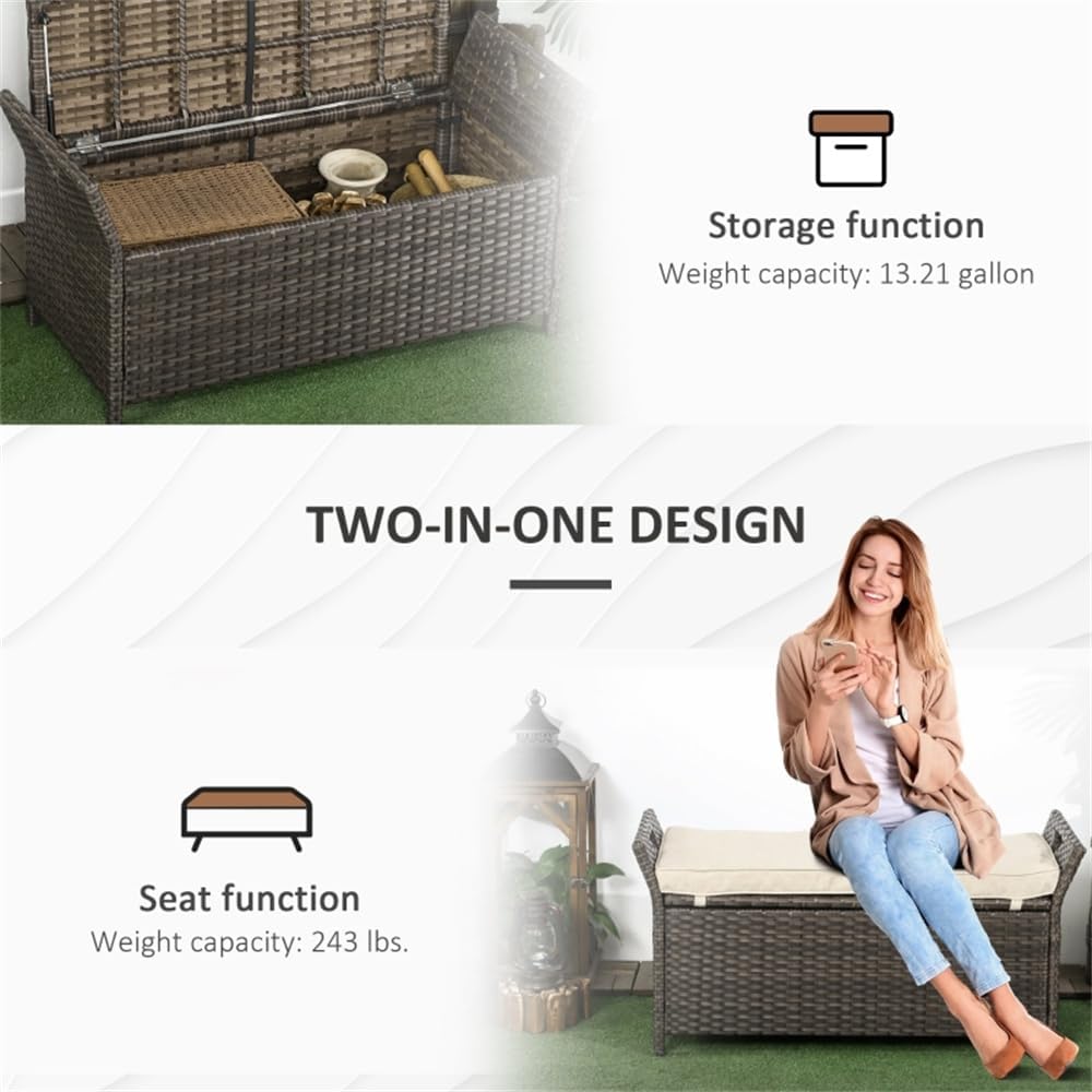 Outdoor Storage Bench with Cushioned Seat – Weather-Resistant Woven Rattan Box for Patio, Deck, Poolside and Garden Use