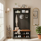 holzart 40.2" Wide Farmhouse Hall Tree with Bench, Entryway Coat Rack & Shoe Storage Cabinet with 5 Hooks, 71" Tall Mudroom Furniture with Adjustable Shelves for Hallway, Foyer, Black