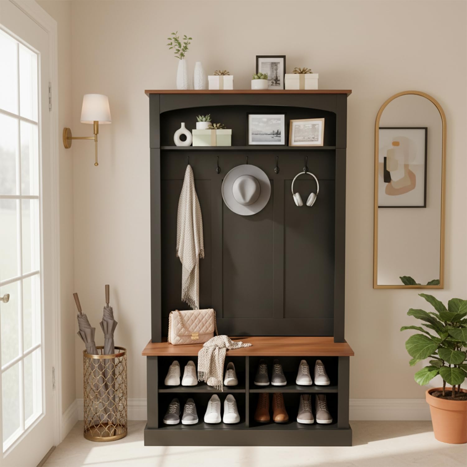 holzart 40.2" Wide Farmhouse Hall Tree with Bench, Entryway Coat Rack & Shoe Storage Cabinet with 5 Hooks, 71" Tall Mudroom Furniture with Adjustable Shelves for Hallway, Foyer, Black