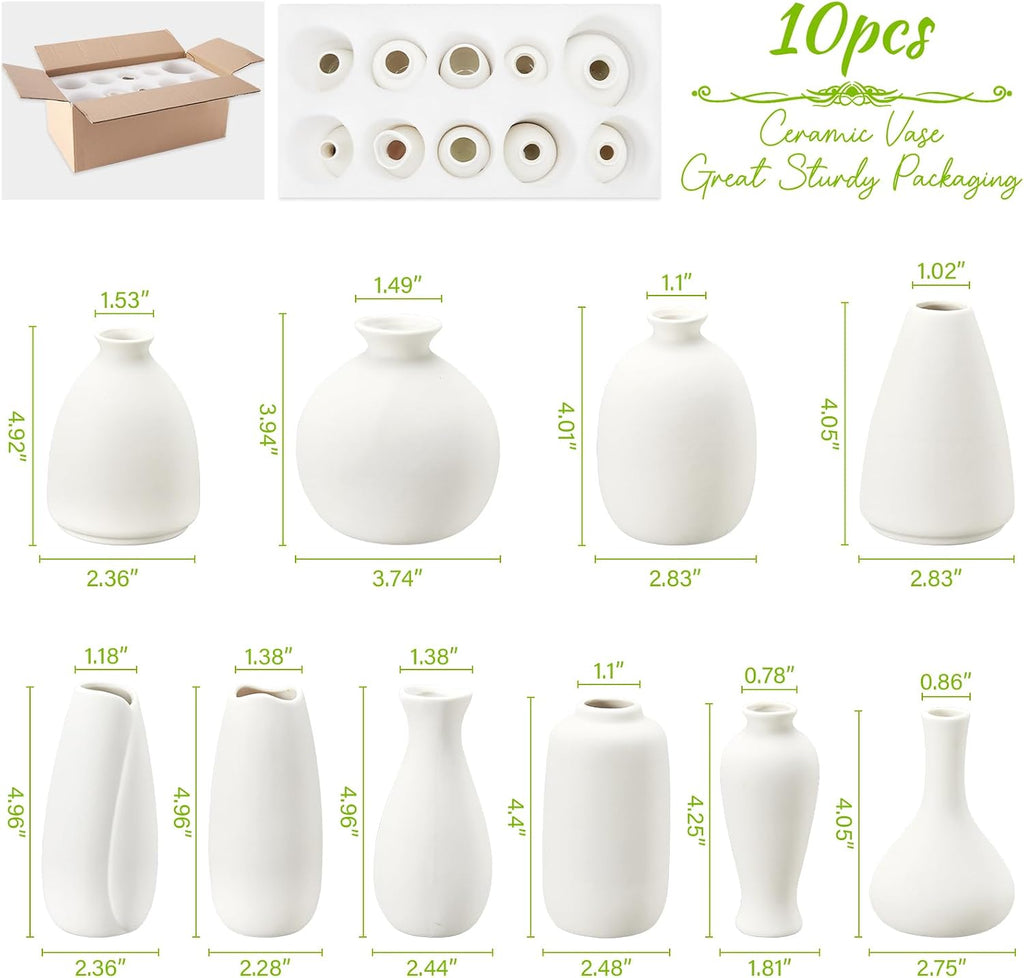 10pc Ceramic Bud Vases Set - 2-3 Inch White Small Vases Collection for Flowers | Boho & Modern Ceramic Vase Set for Table Décor, Wedding, Cute Vase Home Decor