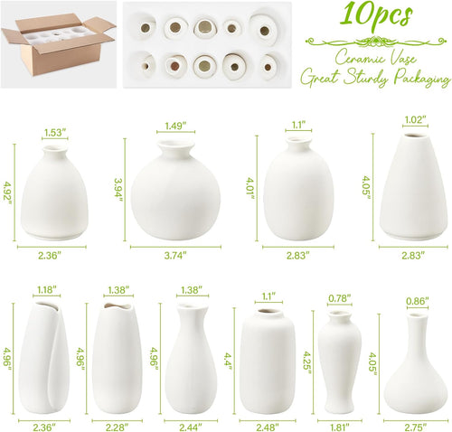 10pc Ceramic Bud Vases Set - 2-3 Inch White Small Vases Collection for Flowers | Boho & Modern Ceramic Vase Set for Table Décor, Wedding, Cute Vase Home Decor