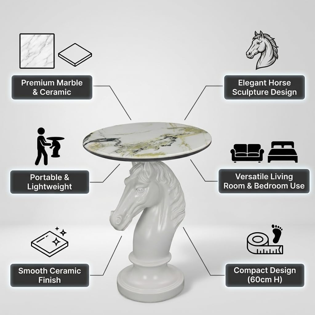 Horse Head Accent Table, Animal Statue End Table for Living Room, Decorative White Sculpture Side Table with Smooth Ceramic Finish, Compact Nightstand for Bedroom or Sofa Corner