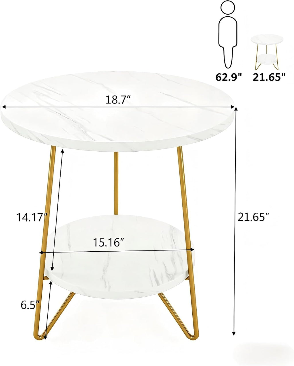 Oigavfd 18.7" Round End Table, 2-Tier Faux Marble Round end Table with Shelf, Compact Sofa Bedside Table for Living Room, Bedroom, Office (White)