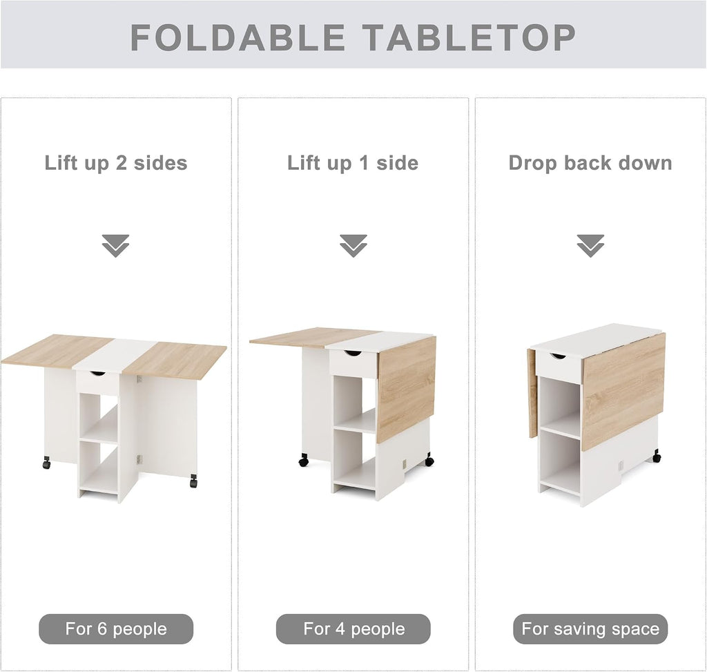 Folding Dining Table, Drop Leaf Table for Small Space with Drawer and Open Storage Shelves, Modern Rectangular Kitchen Dining Table, 47.2" L x 28.3" W (Oak & White)