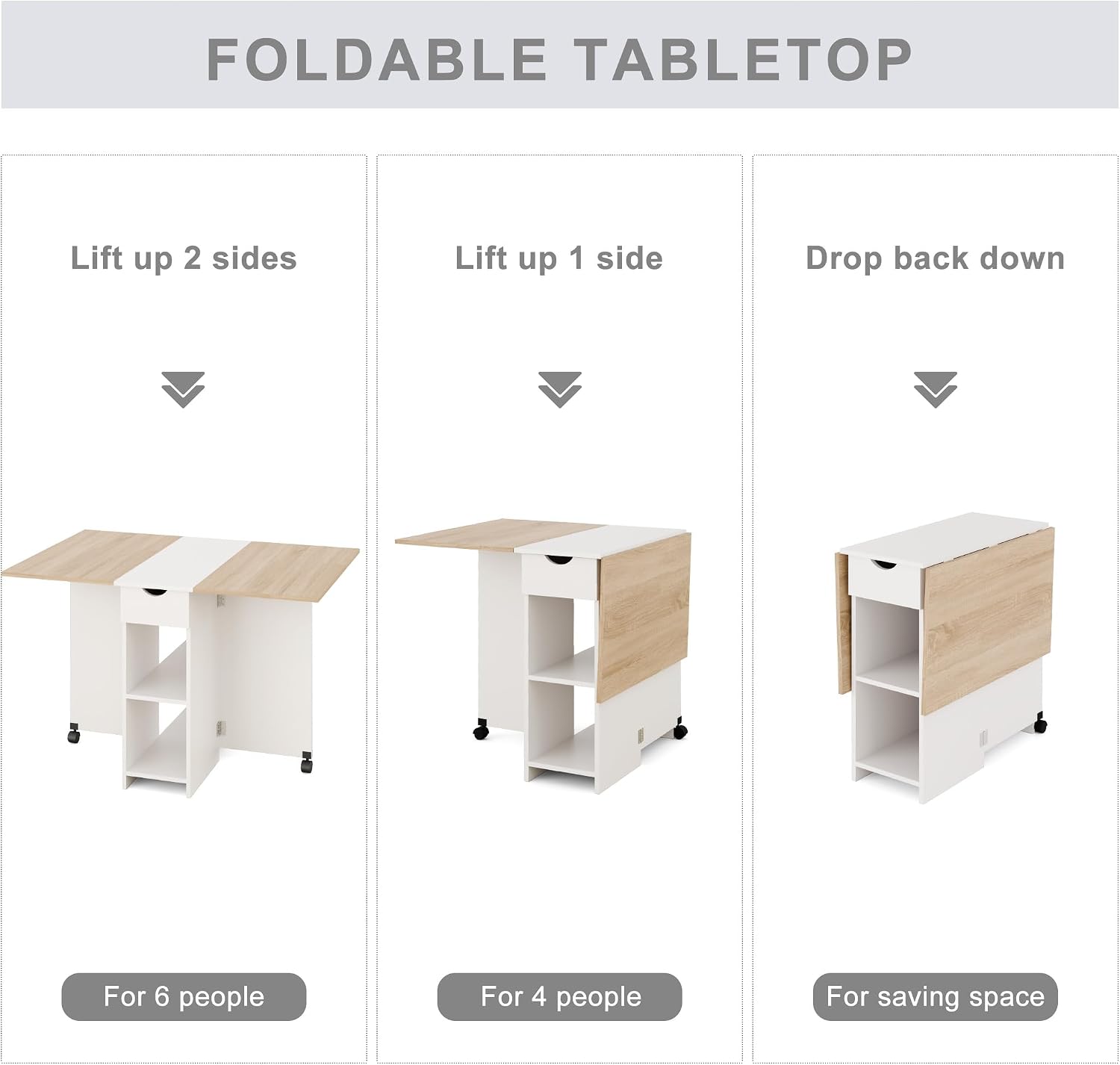 Folding Dining Table, Drop Leaf Table for Small Space with Drawer and Open Storage Shelves, Modern Rectangular Kitchen Dining Table, 47.2" L x 28.3" W (Oak & White)