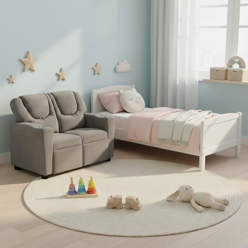 Naomi Home Suri Kids Recliner Loveseat – Comfortable 2-Seater Kids Recliner with Dual Cup Holders, Footrests, Soft Microfiber, Stable Frame, Assembly