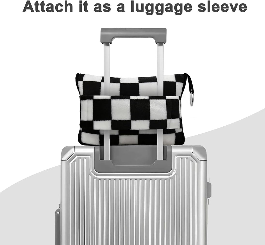 Travel Blanket and Pillow Compact, Premium Soft 2 in 1 Airplane Blanket with Soft Bag Pillowcase，Hand Luggage Sleeve and Backpack Clip (Checkered Black)