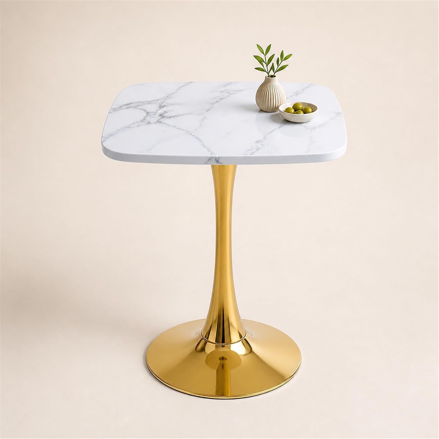 24 Inch Square White Marble-Look Tulip Dining Table for 2–4 with Gold Metal Base – Space Saving Small Apartment Kitchen Table, Pedestal Bistro Table for Breakfast Nook, Cafe, Studio Living (No Chairs)