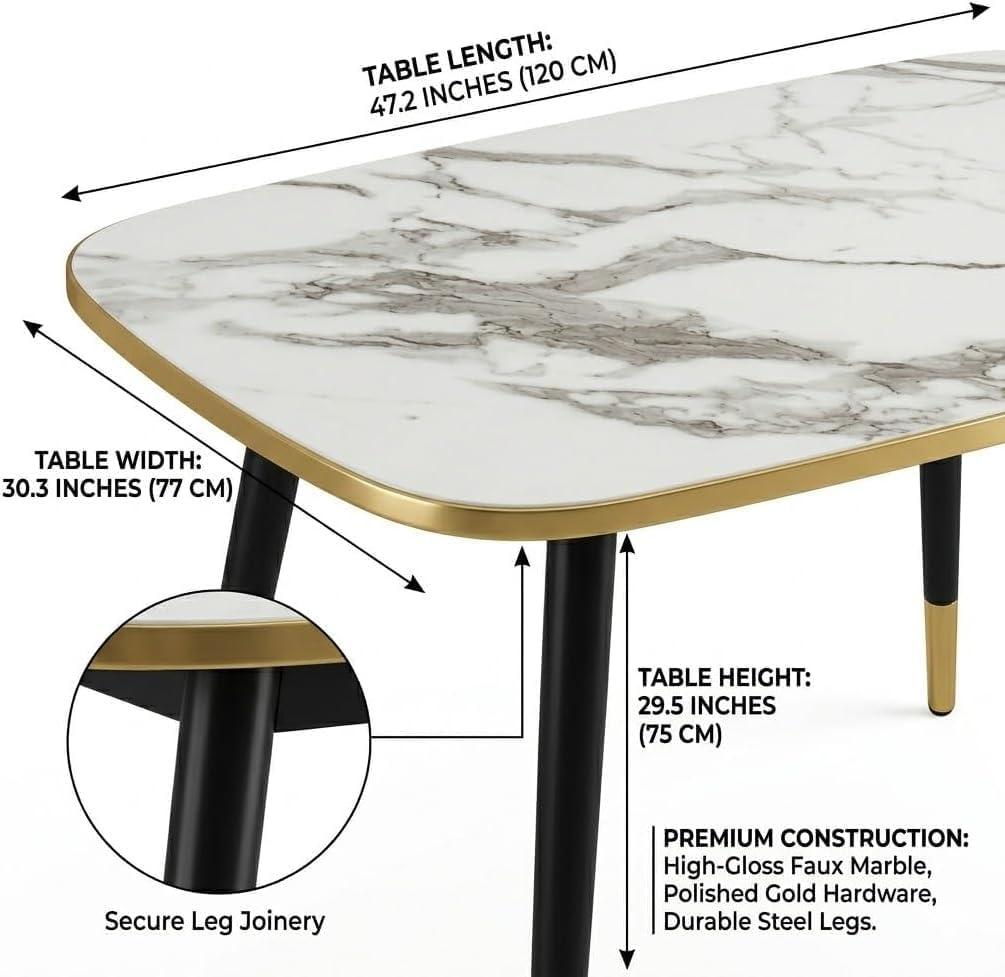 HIPIHOM 47.2''Dining Table Set for 4, Modern Rectangular Dining Table with White Marble Texture MDF Top, Nordic Style Kitchen Table for 4-6 Persons, Space-Saving Home Office Desk