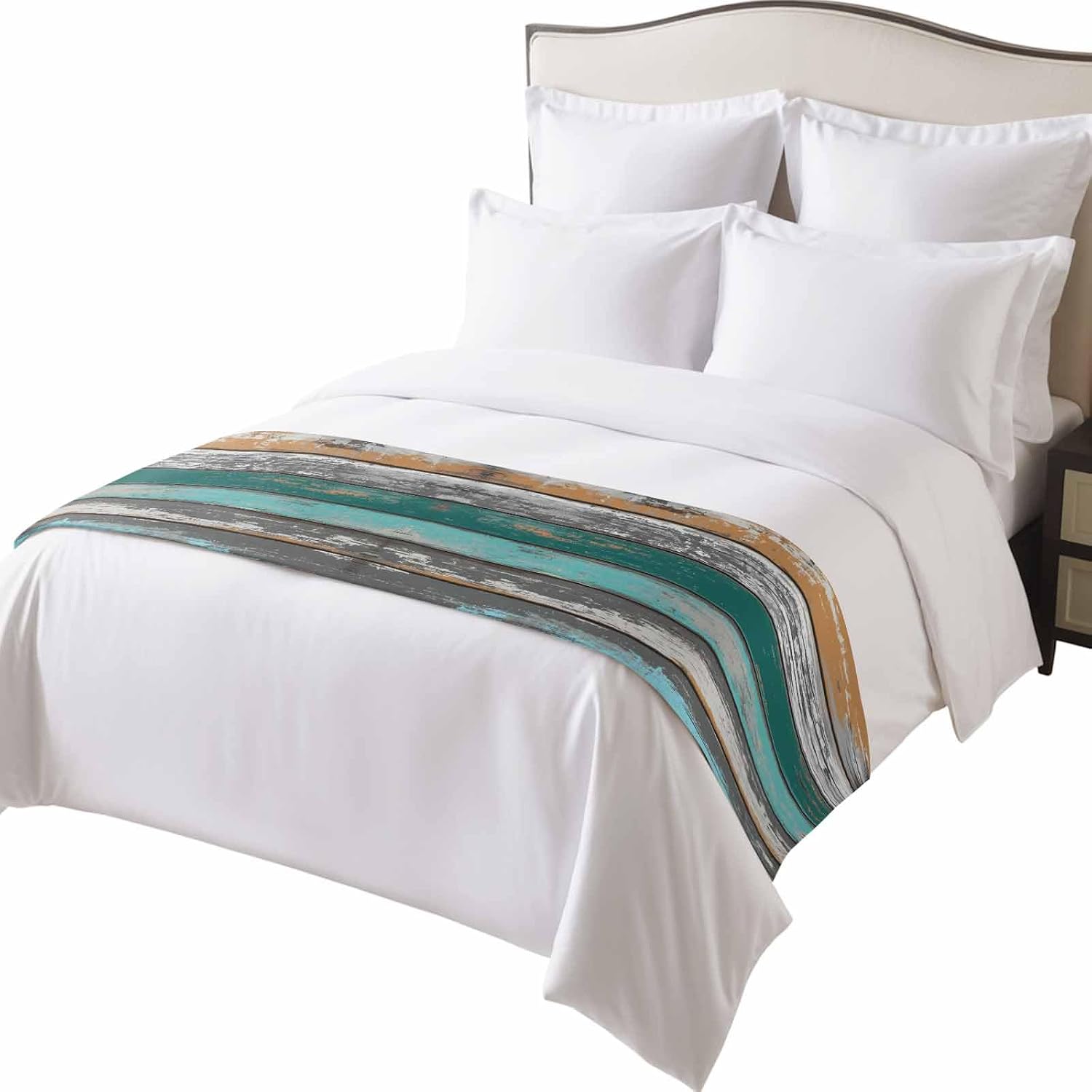 Teal Orange Grey Bed Runners for Queen Size Beds, Decorative Bed Throws for Foot of Beds, Luxury Bedding Protector Slipcover Farmhouse Vintage Wooden Bedrunners & Scarves for Bedroom Hotel, 94"x20"