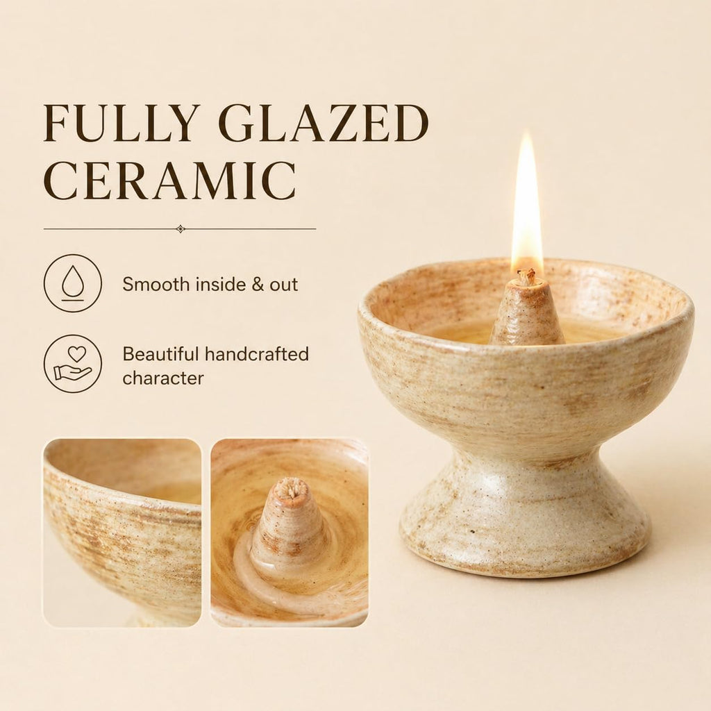 Handmade Ceramic Oil Lamp – Refillable Butter/Ghee Diya with Cotton Wick for Meditation Altar & Calm Home Decor (Wheat)