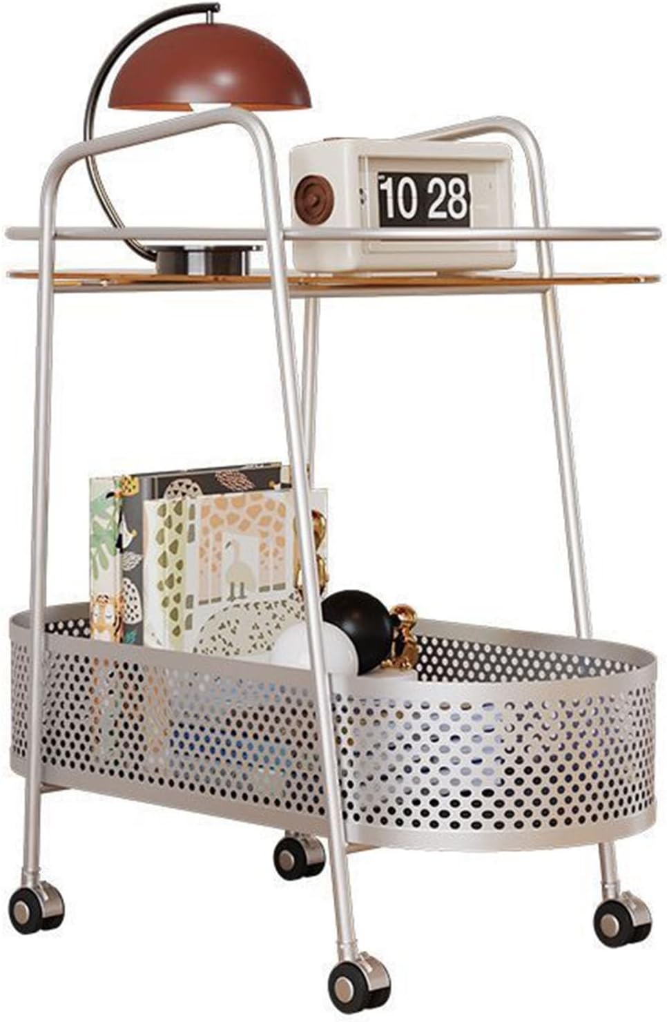 Double Layer Trolly Side Table, Metal Rolling Cart Storage Shelf, Side Table with Wheels, Small Spaces Bedside Table for Home Sofa Kitchen Living Room Bedroom