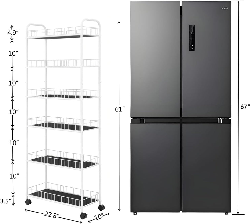 10in Slim Storage Cart, Metal 6-Tier Narrow Rolling Shelf, Sturdy Slim Storage with Hooks Ideal for Kitchen, Bathroom, and Laundry Room (10in White)