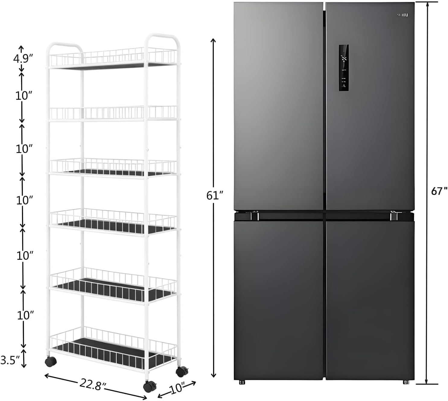 10in Slim Storage Cart, Metal 6-Tier Narrow Rolling Shelf, Sturdy Slim Storage with Hooks Ideal for Kitchen, Bathroom, and Laundry Room (10in White)