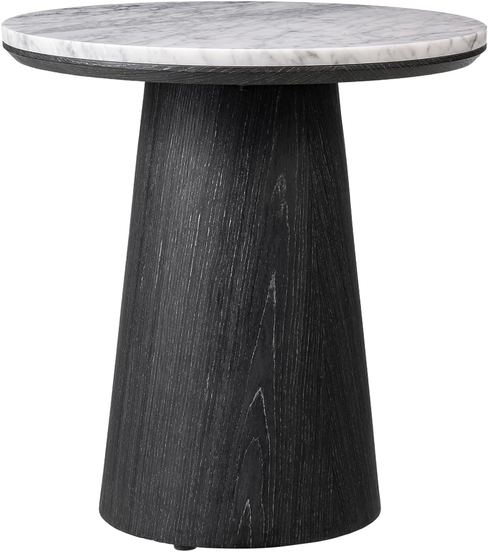 HULALA HOME Modern End Table, 19.75" Round Side Table with Genuine Marble Top and Solid Wood Cone Base, Minimalist Accent Table for Living Room, Bedroom, Small Spaces, Black