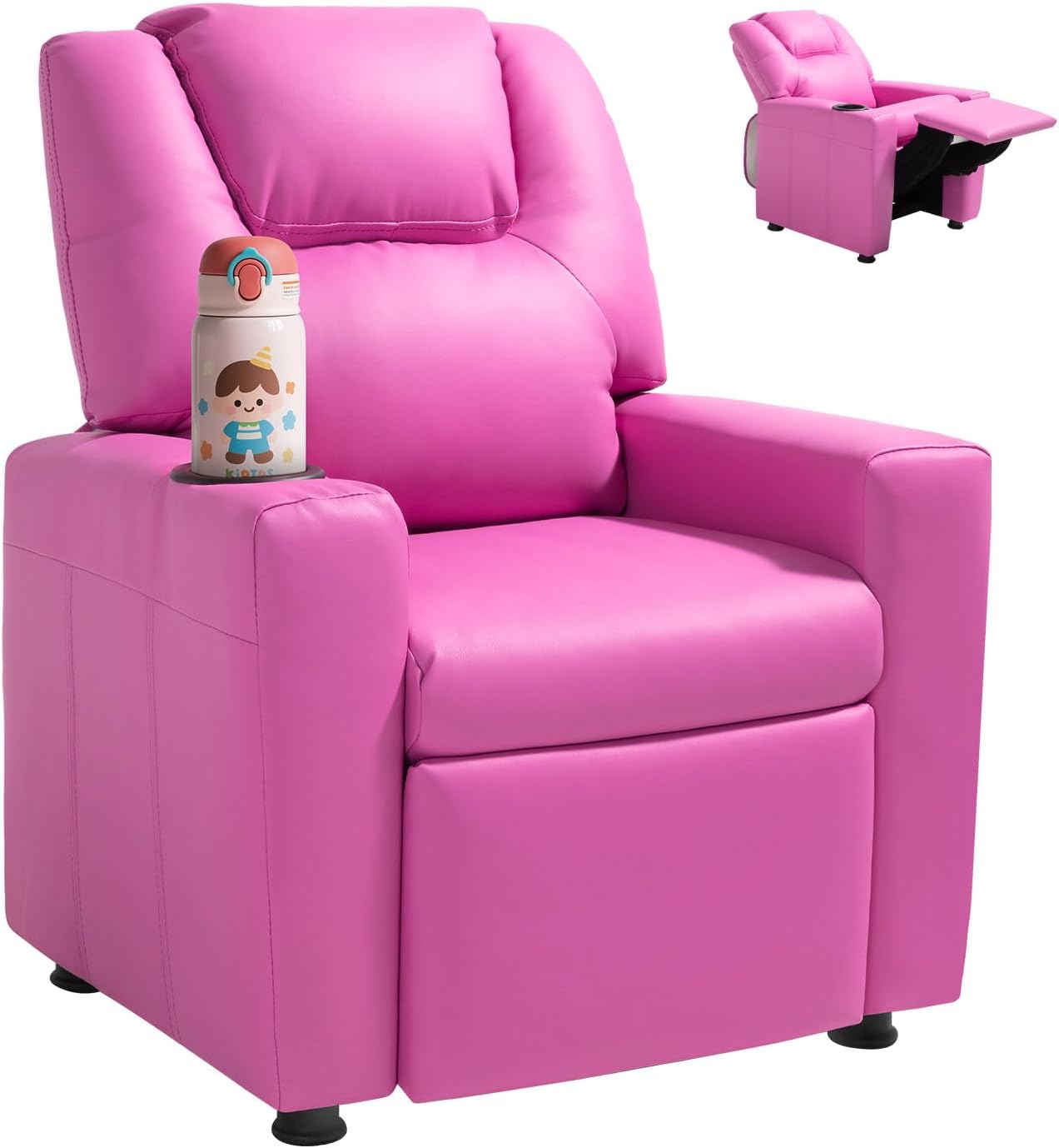 VEVOR Kids Recliner, Toddler Recliner with Cup Holder, 101° to 121° Adjustable Backrest, Push Back PU Leather Kids Reclining Chair Couch with Footrest & 90 lbs Load, Ideal for Child Ages 1-6, Pink