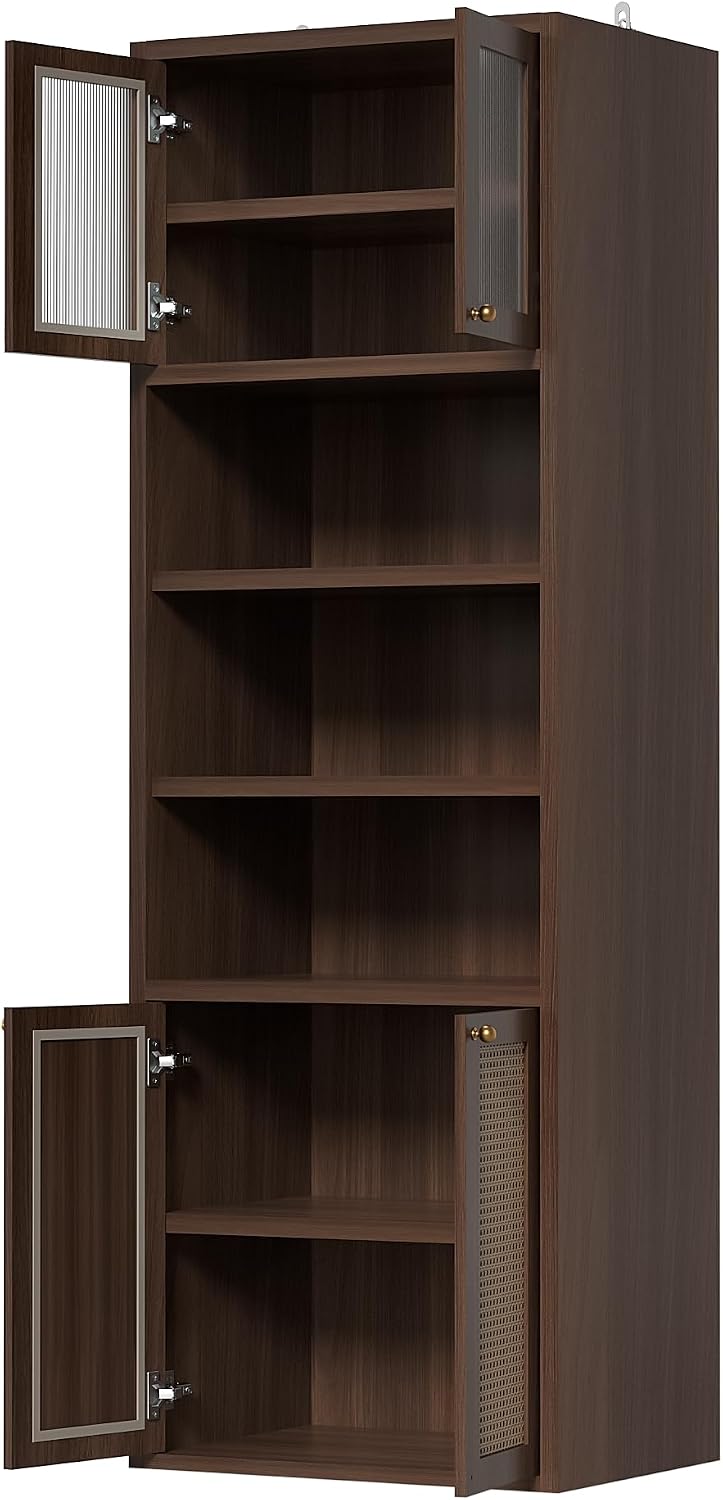71.3''Tall Kitchen Pantry Cabinet with Oversized Open Shelf & Coffee Station,Tall Extra Deep Enclosed Storage, Fluted Rattan Doors,Adjustable Shelves, Anti-Tip, for Multi-Room Use,Brown