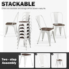 Metal Dining Chairs Set of 6 with Wooden Seat Iron Stackable Industrial Tolix Style Farmhouse Dining Room Bistro Outdoor Arctic White Color