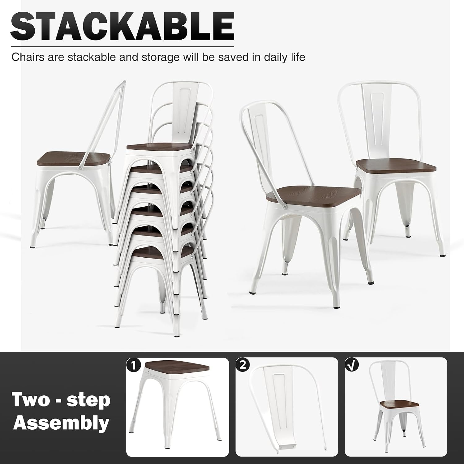 Metal Dining Chairs Set of 6 with Wooden Seat Iron Stackable Industrial Tolix Style Farmhouse Dining Room Bistro Outdoor Arctic White Color