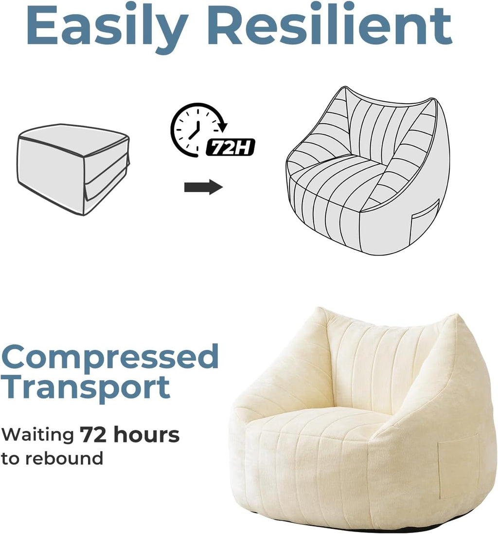 Giant Bean Bag Chair for Adults,Oversized Bean Bag with Filling Plush Fluffy,BeanBag Floor Sofa Chair with with Back Support for Living Room, Bedroom, Reading,Beige