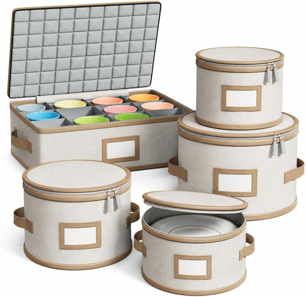 Hard Shell China Storage Containers – 5 Piece Set for Storing Dinner Plates, Salad Plates, Mugs, Quilted Dividers for Safe Moving and Seasonal Storage, Beige