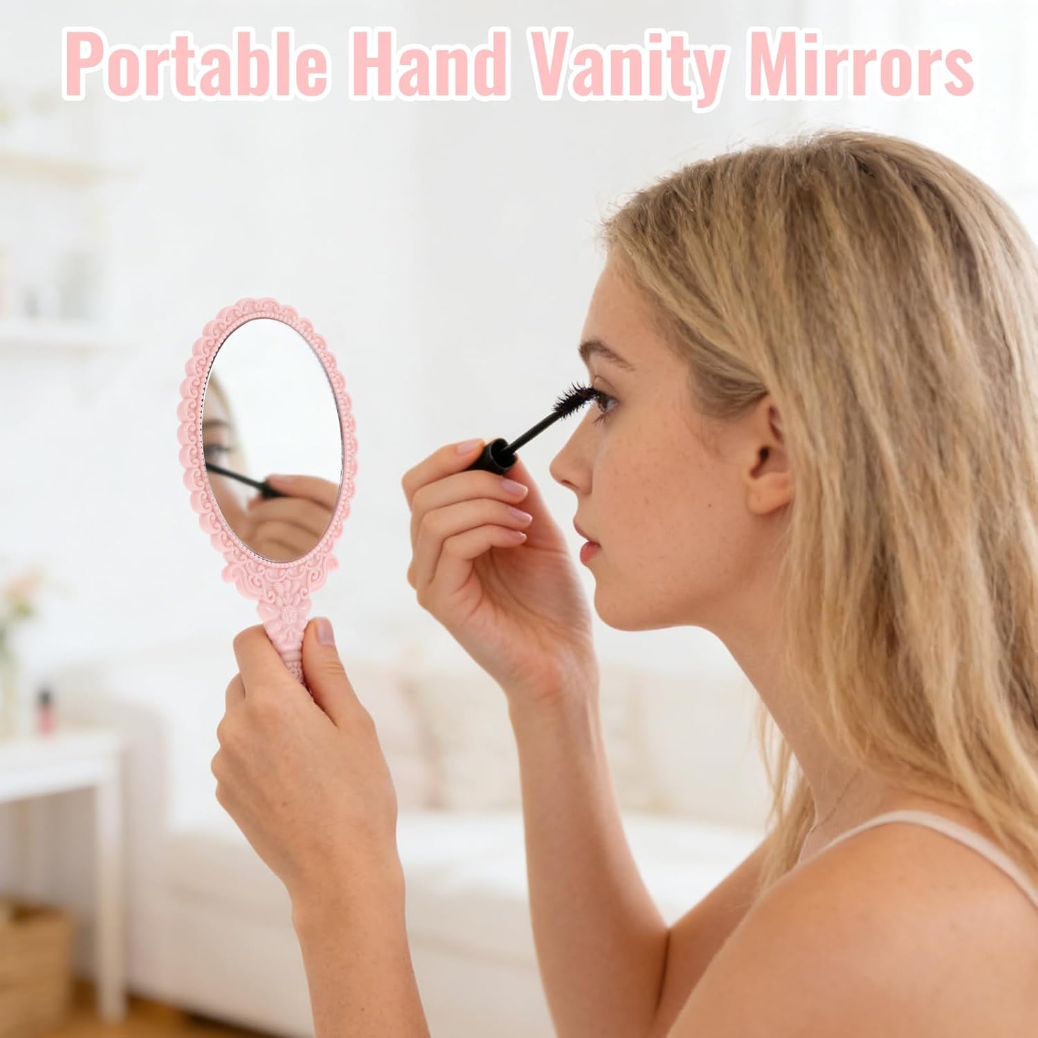 24 Pack Vintage Handheld Mirrors for Makeup, Pink Embossed Floral Portable Princess Mirror with Handle, Decorative Travel Cosmetic Purse Mirror for Women, Party Favors, Classroom