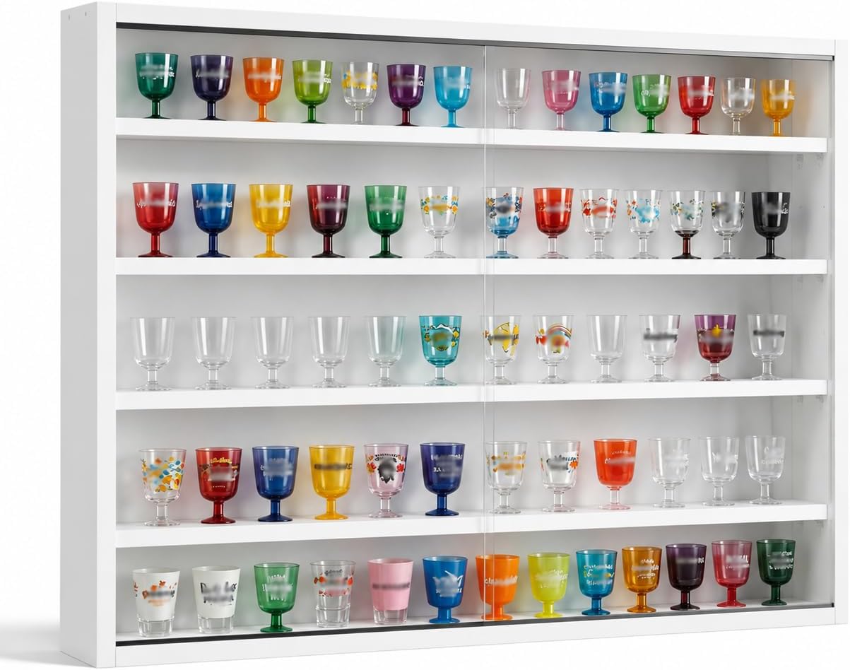 5-Tier Wall Mounted Shot Glass Display Case, No Assembly Required Wine Glass Display Cabinet with Glass Door & Adjustable Shelves, Bar Cabinet for Liquor Glasses, Bedroom Playroom, White