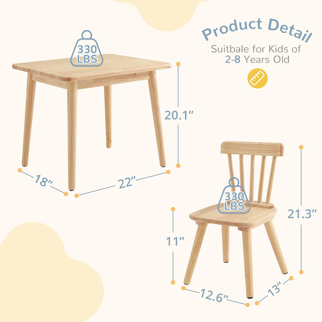 Curipeer Windsor Kids Table and 2 Chair Set, Rubberwood Children Toddler Table and Chair Set with Non-Slip Legs/Round Edge Design for Art, Play, Craft, Activity, Natural Wood