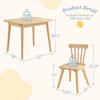 Curipeer Windsor Kids Table and 2 Chair Set, Rubberwood Children Toddler Table and Chair Set with Non-Slip Legs/Round Edge Design for Art, Play, Craft, Activity, Natural Wood