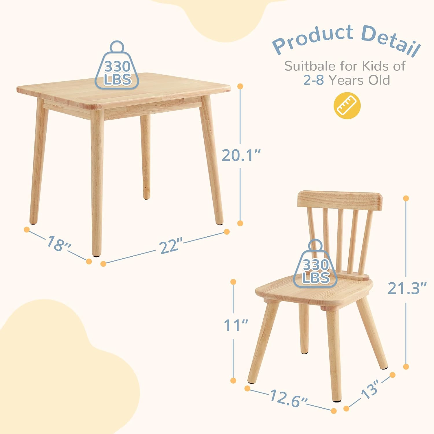 Curipeer Windsor Kids Table and 2 Chair Set, Rubberwood Children Toddler Table and Chair Set with Non-Slip Legs/Round Edge Design for Art, Play, Craft, Activity, Natural Wood