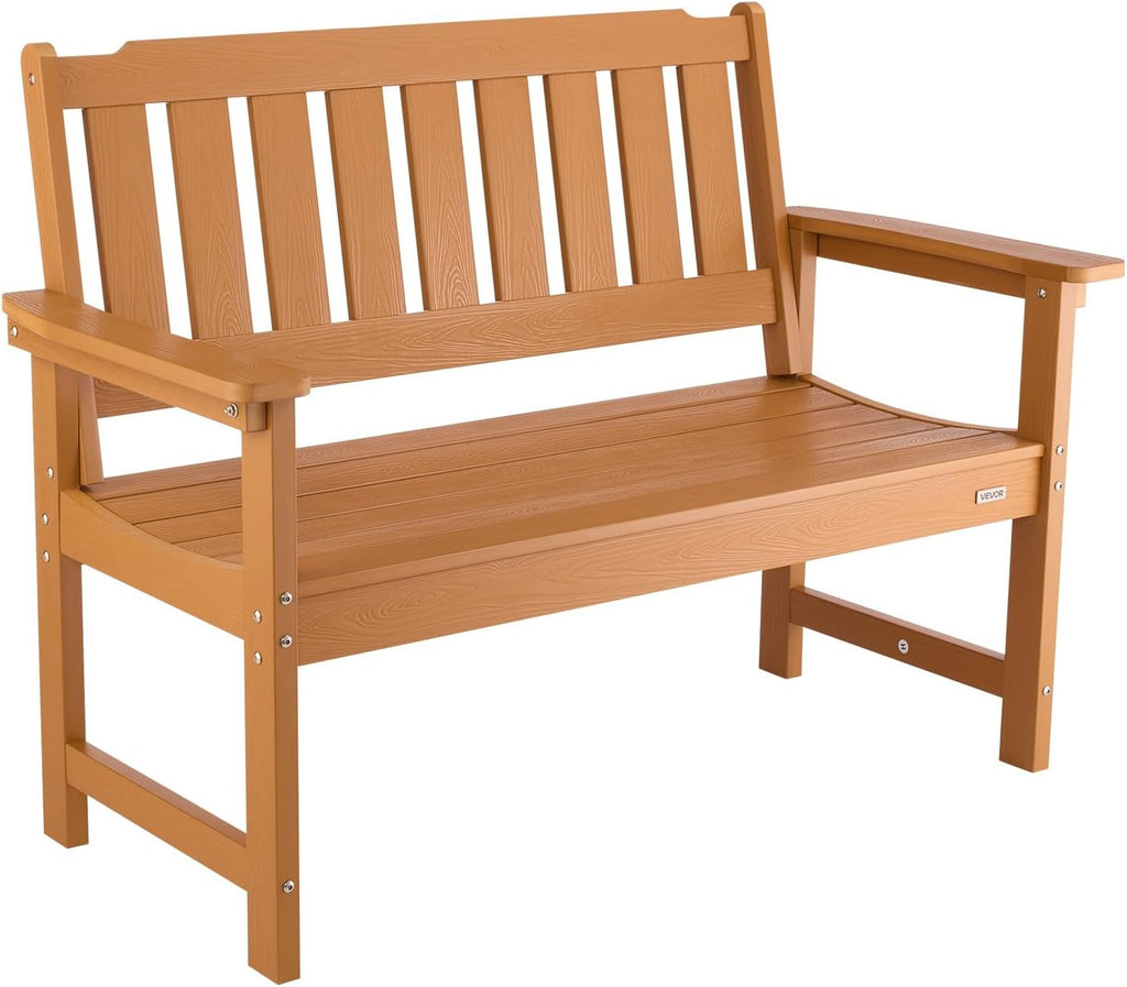 VEVOR Outdoor Bench, 50.5 inch, 800 lbs Weight Capacity for 2-3 Persons, Weatherproof Plastic Frame with Backrest and Wide Armrests, Outside Bench for Patio, Garden, Park, Yard, Natural Wood Color
