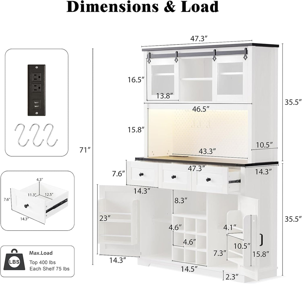 71" Farmhosue Pantry Cabinet with Charging Station, Tall Kitchen Pantry Storage Cabinet with Microwave Stand, Kitchen Hutch with Sliding Door, Pegboard, Wine & 3 Drawers, 47.3 inch