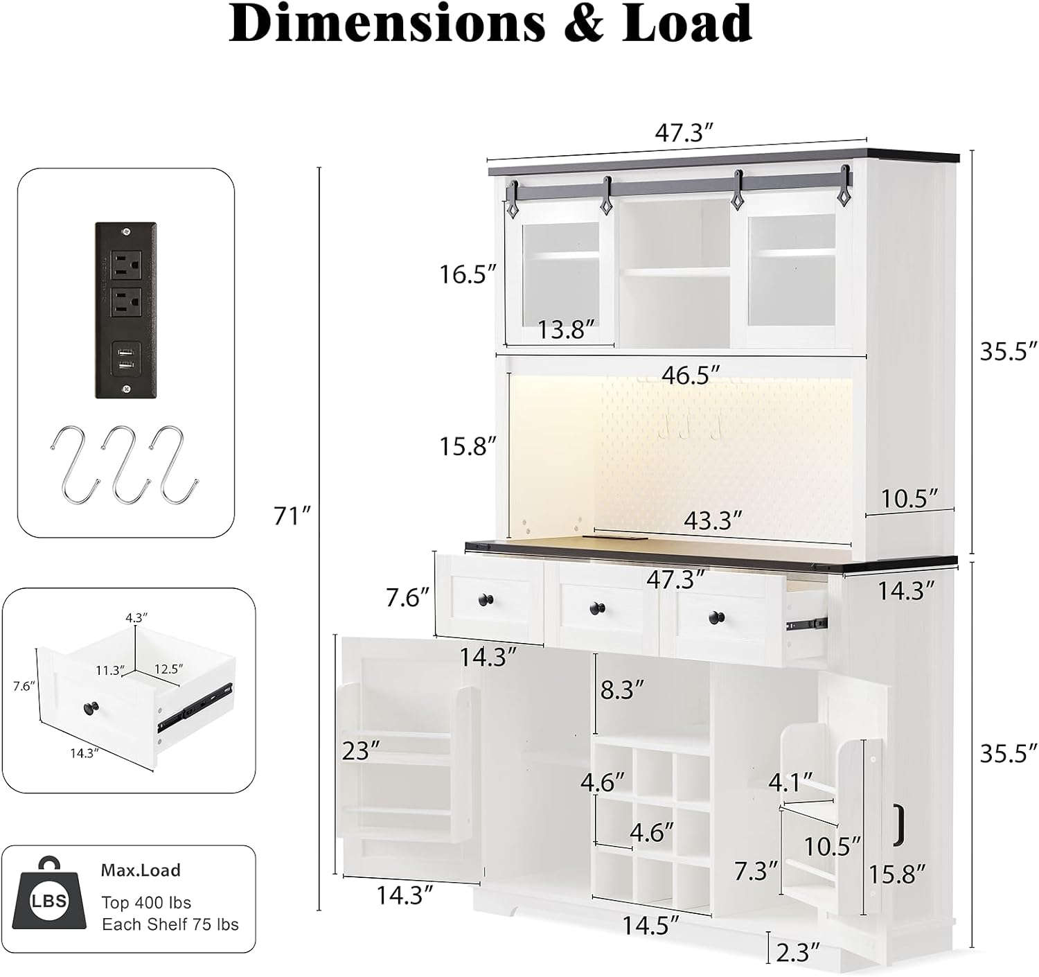 71" Farmhosue Pantry Cabinet with Charging Station, Tall Kitchen Pantry Storage Cabinet with Microwave Stand, Kitchen Hutch with Sliding Door, Pegboard, Wine & 3 Drawers, 47.3 inch