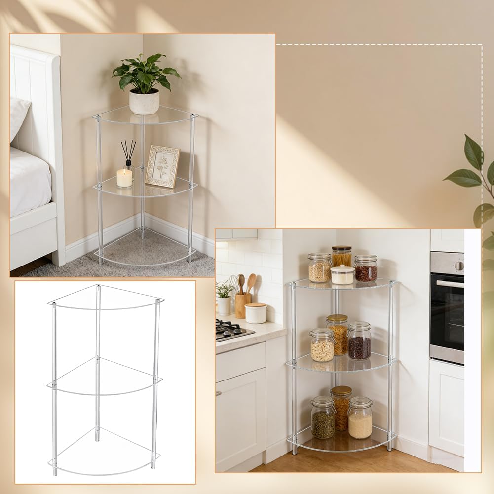 AHANDMAKER Clear Acrylic Corner Table 11.61in L x 11.61in W x 25.59" H Fan Shape Modern Side Table Lightweight Shelf Organizer for Living Room Bedroom Office Dorm Room Home Decor