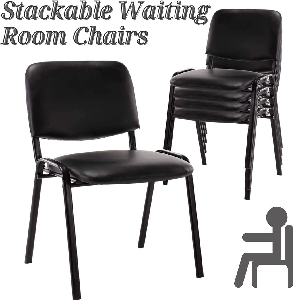 ROCITY Waiting Room Chairs Set of 5 Stackable Conference Room Chairs Faux Leather Office Reception Chair for Guest School Breakroom Banquet Church Lobby (Leather-Cushion,Black,5PCS)
