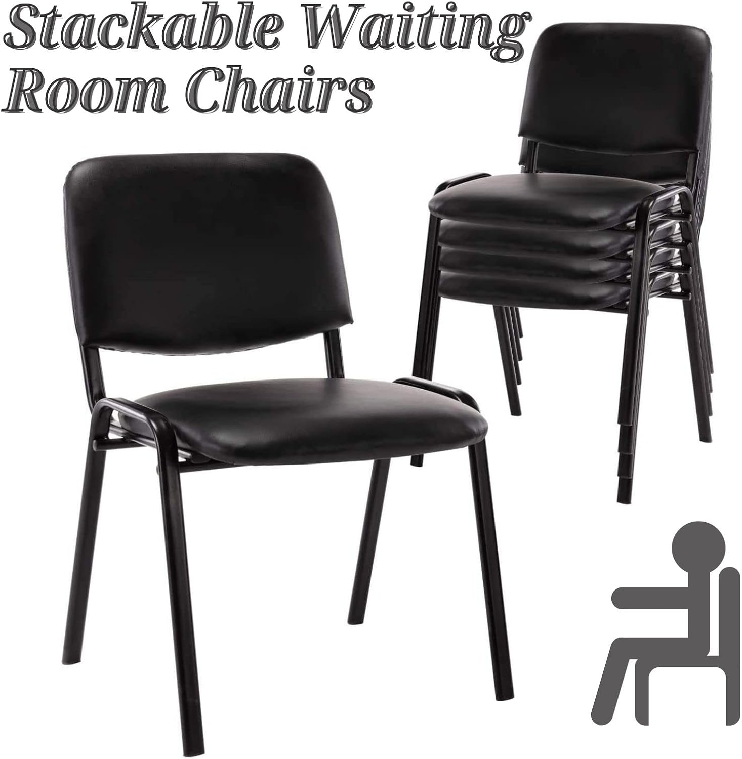 ROCITY Waiting Room Chairs Set of 5 Stackable Conference Room Chairs Faux Leather Office Reception Chair for Guest School Breakroom Banquet Church Lobby (Leather-Cushion,Black,5PCS)