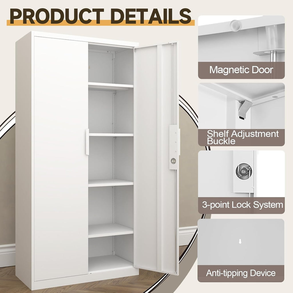 GREATMEET Metal Garage Storage Cabinet with 2 Doors and Shelves - 72" x 34" x 18" Steel Lockable File Cabinet, White Locking Tool Cabinets for Office Home Garage Gym School