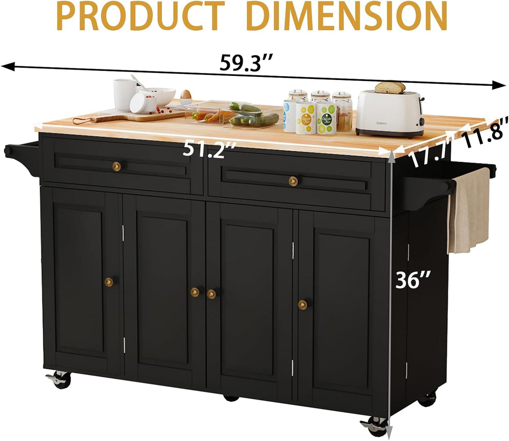 Kitchen Island Cart with Storage on Wheels, 59" Large Rolling Kitchen Island with Drop Leaf, Mobile Island for Kitchen with Towel Rack, Drawers for Dining Room, Black