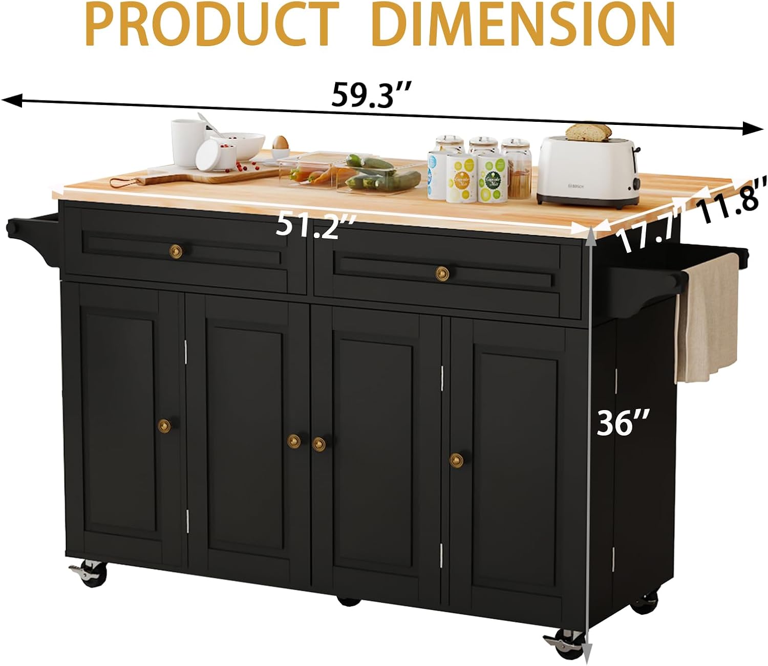 JassmiPkwy 59’’ Rolling Kitchen Island Cart with Drop Leaf and Power Outlet, Movable Kitchen Islands with 3-Tier Door Storage Shelf, Island Table on Wheels, 2 Large Drawers, Towel Racks, Black