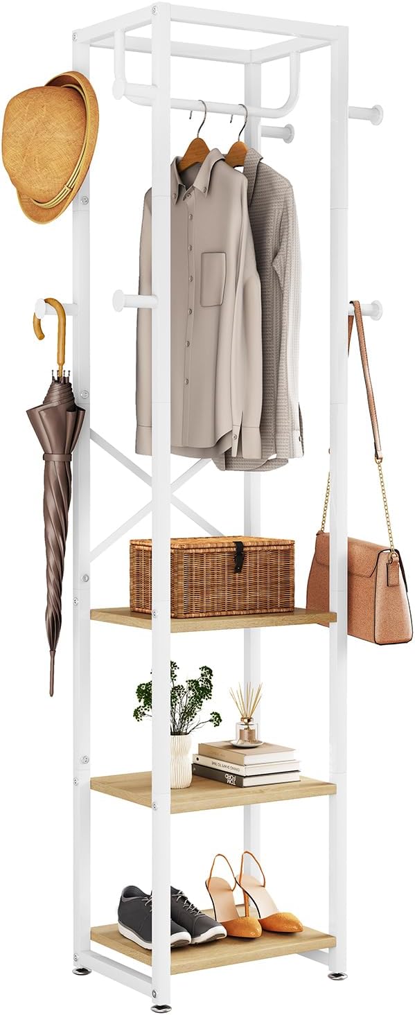 IBUYKE Coat Rack with Shelves, Freestanding Hall Tree with 3 Shelves and 8 Hooks, Industrial Clothes Stand for Entryway, Hallway, Bedroom, Natural UTMJ088R