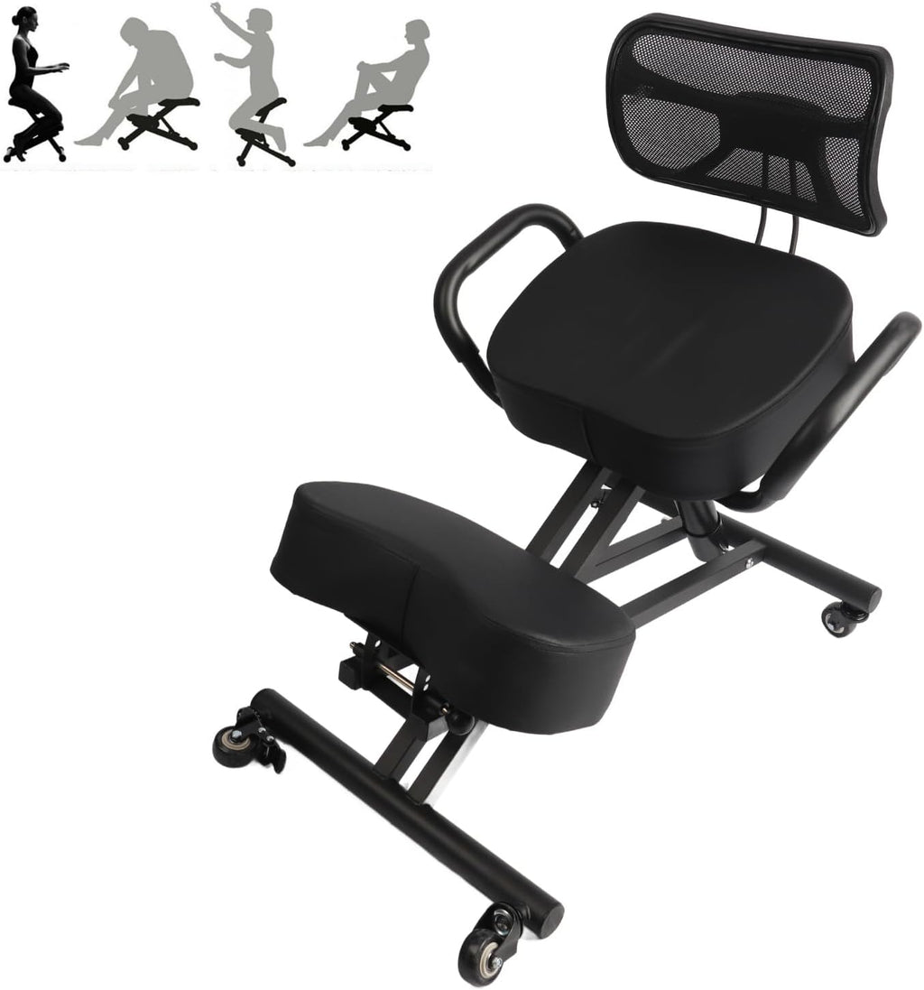 Qinlorgo Height Adjustable Ergonomic Kneeling Chair Posture Corrector Back Support Chair with Mesh Backrest & Leather Cushion for Home Office Spine Health