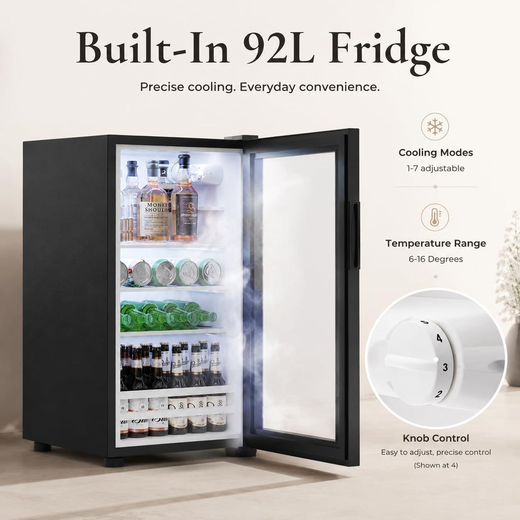 Mini Fridge Cabinet (Fridge Included), Fluted Coffee Bar Cabinet with Refrigerator, Pull Out Drawer & Storage Cabinets, 31.5" Liquor Wine Bar Cabinet for Home, Kitchen, Dining Room, Blac
