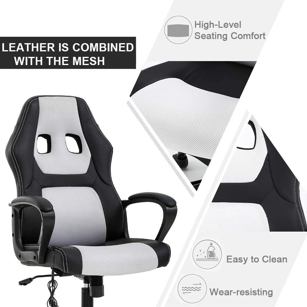 Office Chair Gaming Chair Desk Chair Ergonomic High Back Massage Computer Chair with Lumbar Support & Comfort Armrest PU Leather Rolling Task Racing PC Swivel Executive Chair for Men Women, White